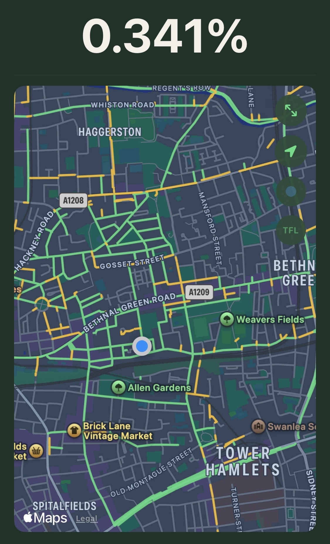 Stomp City map view showing walked streets in green